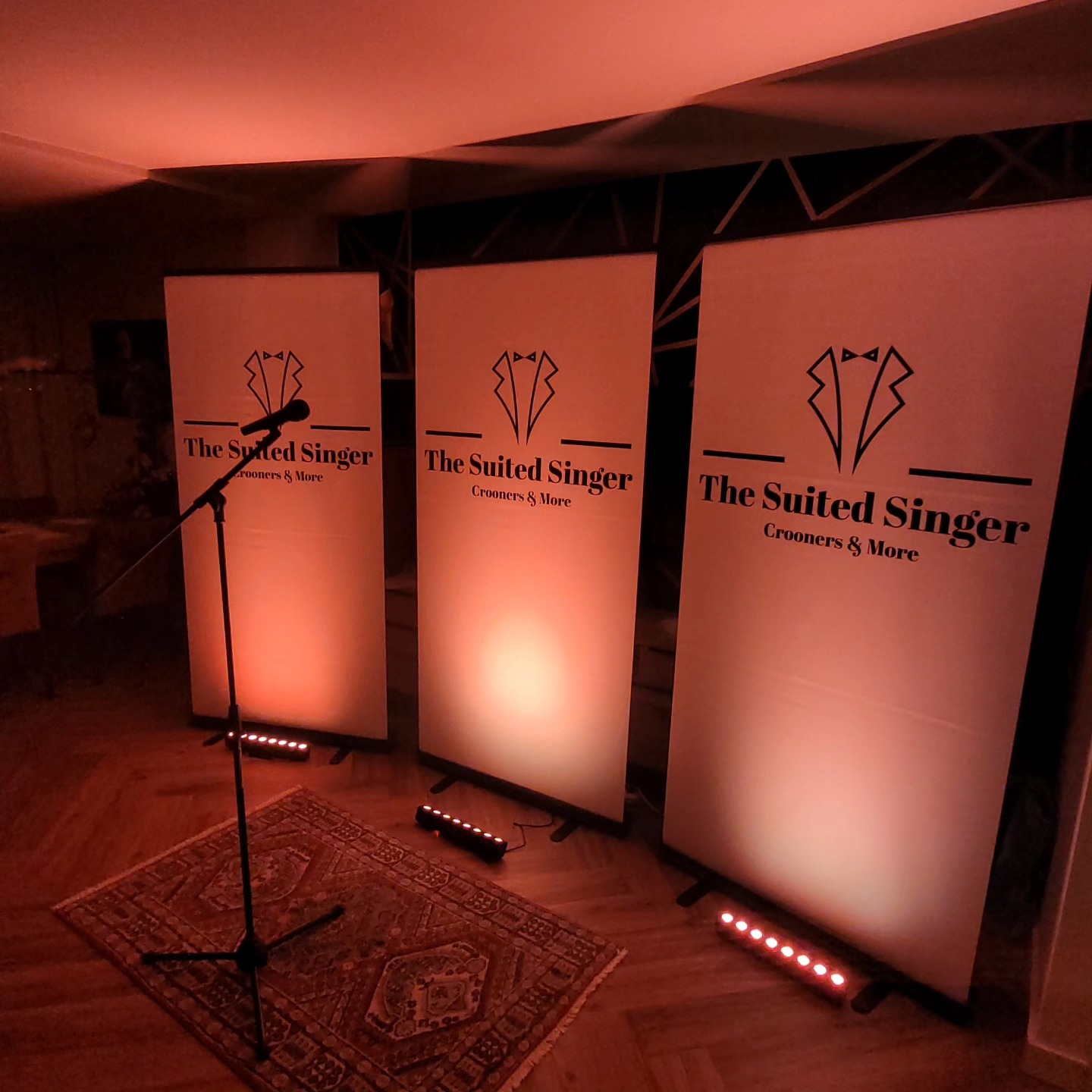 Podiumopstelling van The Suited Singer met microfoon en warme sfeerverlichting